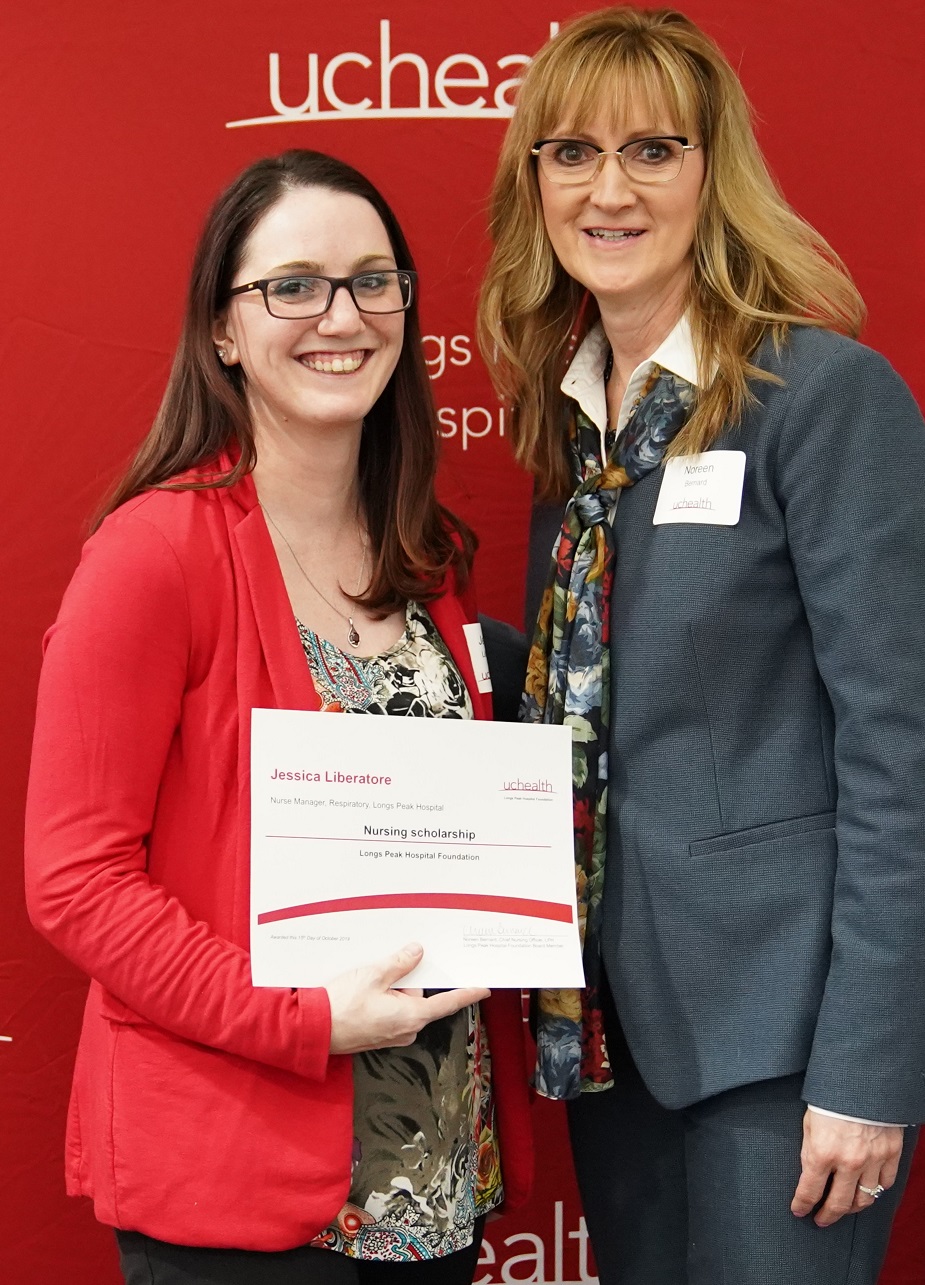 Scholarship recipient Jessica Liberatore (left) and Longs Peak Hospital Chief Nursing Officer Noreen Bernard at the foundation’s scholarship awards gathering in October 2019. 